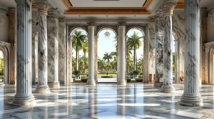 Naklejka premium Luxurious marble hall, tropical garden view, elegant interior design, photorealistic, digitally enhanced