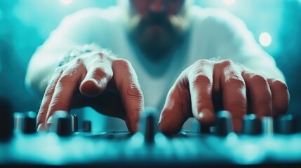A close-up shot of a DJ's hands skillfully manipulating a mixer during a vibrant performance, capturing the essence of music, creativity, and energy in an electrifying atmosphere.