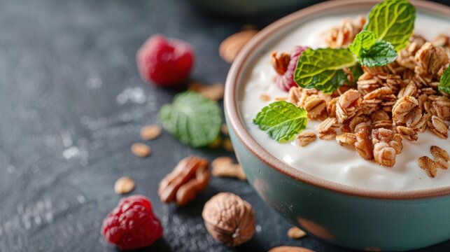 A bowl of creamy yogurt topped with granola and fresh raspberries, beautifully garnished with mint leaves, perfect for a healthy snack or breakfast choice, showcasing color and texture.