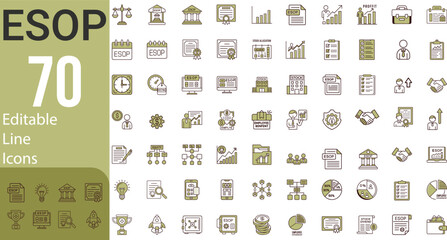 Collection Of Modern Editable Thin Line Style Employee Stock Ownership Plan Icons Set Related Company, Shares, Benefits, Pension Savings And More Vector Illustration On An Isolated Background