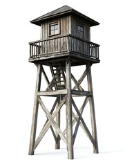 a tall wooden watchtower with a weathered, aged appearance, isolated on a pure white background