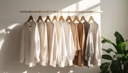 Neutral toned linen shirts hanging on a wooden rack bathed in sunlight a minimalist fashion concept