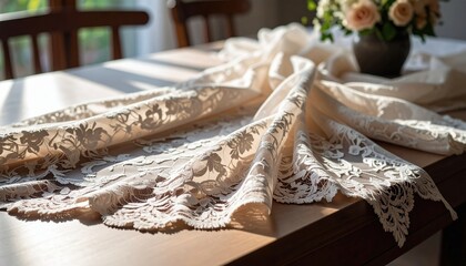 Elegant Beige Lace Table Runner Draped on Wooden Table in Sunlight Beautiful Floral Pattern Home Decor