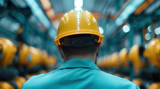 A worker wearing a yellow safety helmet stands in an industrial setting, facing away from the camera, symbolizing diligence, safety, and the hard work within the workplace.