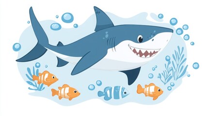 Obraz premium A cartoon shark swimming alongside small fish, smiling.