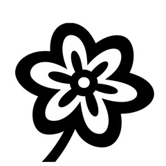 A stylized black and white illustration of a simple flower.