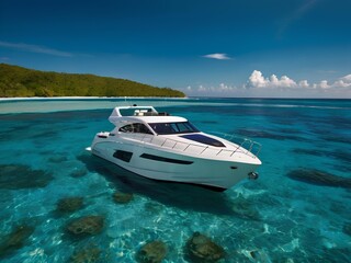 A White Luxury Yacht Sailing Through Turquoise Waters Under a Clear Blue Sky on a Sunny Day, the Essence of a Perfect Day at Sea.
