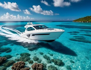 A White Luxury Yacht Sailing Through Turquoise Waters Under a Clear Blue Sky on a Sunny Day, the Essence of a Perfect Day at Sea.