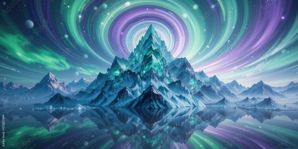 Poster surreal mountain range of crystal reflecting green and violet vortexes with floating orbs of light