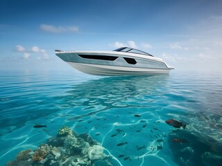 A White Luxury Yacht Sailing Through Turquoise Waters Under a Clear Blue Sky on a Sunny Day, the Essence of a Perfect Day at Sea.
