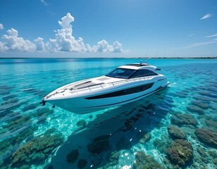 A White Luxury Yacht Sailing Through Turquoise Waters Under a Clear Blue Sky on a Sunny Day, the Essence of a Perfect Day at Sea.