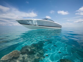 A White Luxury Yacht Sailing Through Turquoise Waters Under a Clear Blue Sky on a Sunny Day, the Essence of a Perfect Day at Sea.