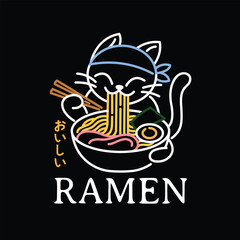 A CUTE CAT IS EATING A BOWL OF RAMEN NOODLE LINE ART LOGO