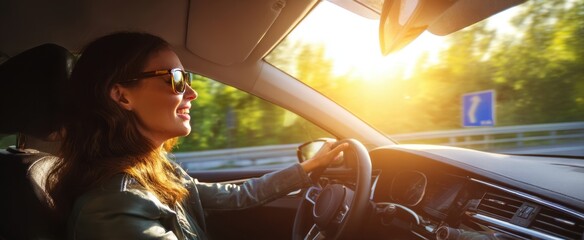 Naklejka premium The woman driving through a sunlit landscape enjoying a joyful road trip.