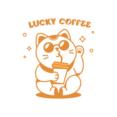 A CUTE LUCKY CAT IS DRINKING A CUP OF COFFEE LOGO DESIGN