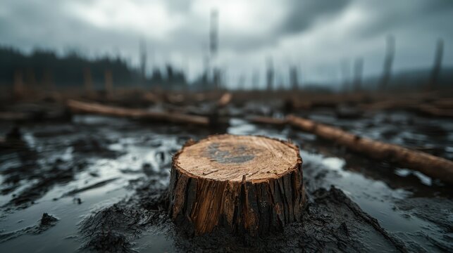 This image showcases a lone tree stump rising from dark, murky waters, surrounded by foggy forest scenery, evoking a sense of isolation and natural beauty.