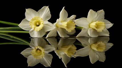 Fototapeta premium Three white and yellow daffodils with green stems and leaves reflected on a black background.