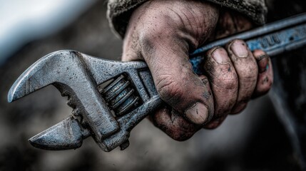 Close-Up of a Dirty Hand Holding a Heavy-Duty Adjustable Wrench