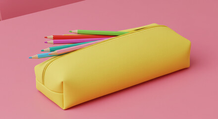 Yellow minimalist pencil case with colored pencils on pink table