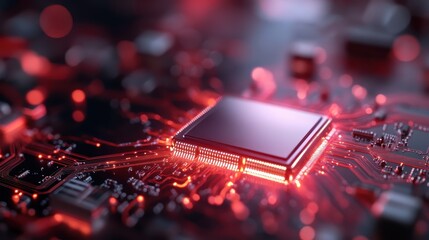 A detailed view of a sophisticated computer chip illuminated with red hues showcases the intricate beauty of technology and its essential role in modern electronic devices.
