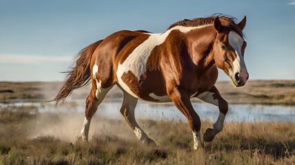 Fototapeta premium A striking Paint Horse with bold chestnut and white patches pauses momentarily, bathed in the gentle light of dawn.