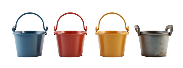 A set of four metal buckets with handles
