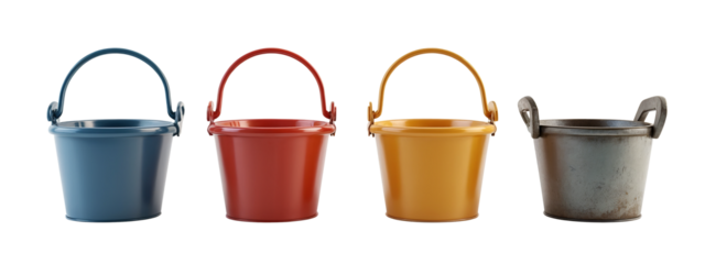 A set of four metal buckets with handles