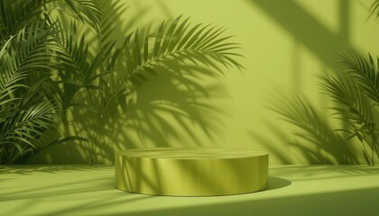 Fototapeta premium Olive Green Cylindrical Podium with Palm Leaf Shadow Product Display Mockup