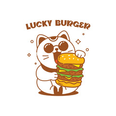 A WHITE LUCKY CAT IS HOLDING A HUGE LAYERED BURGER CARTOON LOGO