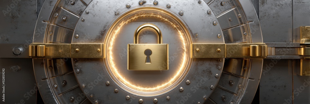 Poster cyber vault with a warning lock breaking open, revealing secrets and potential dangers in a high-sta