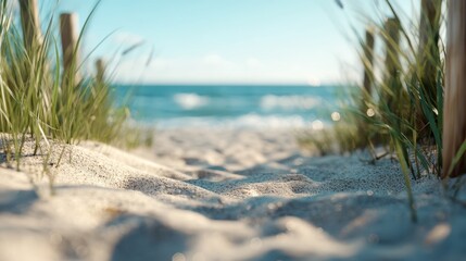 A captivating view of a sandy beach pathway framed by lush grass, leading to a tranquil ocean under clear skies, offering peace, relaxation, and a touch of paradise.