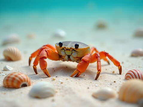Crab discovering sandy ocean. A vibrant crab with orange claws moves among seashells on the sandy sea bed, surrounded