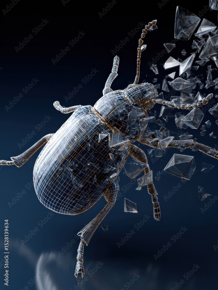 Poster 3D Wireframe of a Bug Symbol Disintegrating With Clear Fragments on a Dark Background