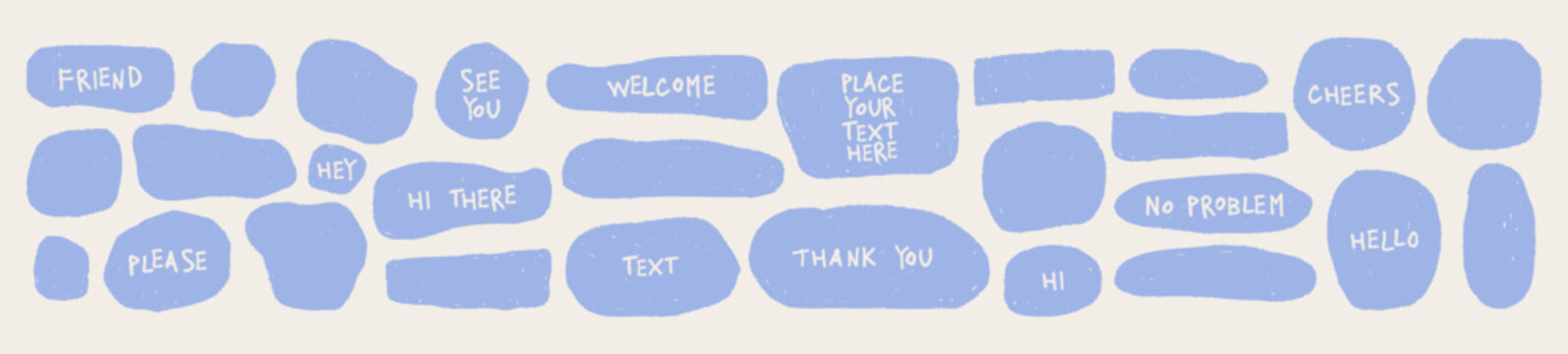 Organic rough chalk text box form with crayon texture. Liquid round, blob, wavy grunge linocut abstract shapes. Hand drawn vector doodle elements. Blue marker school scribble sketched for collage.