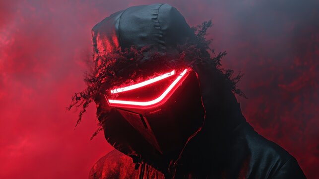 A mysterious figure in a hooded cloak with glowing elements creates a powerful visual statement, evoking themes of technology, mystery, and the convergence of nature and art in futuristic settings.