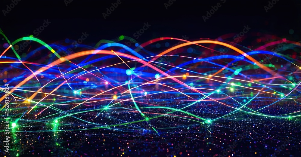 Aufkleber Bright colorful lines intersect over dark background. Numerous glowing dots create abstract digital landscape. Vivid energy radiates throughout image.