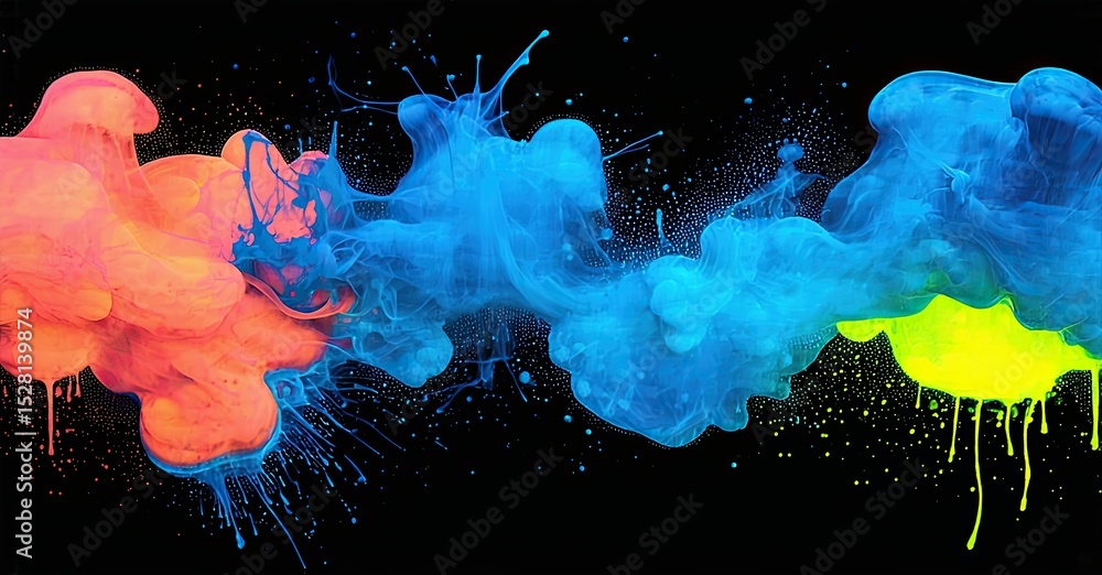 Poster Vibrant paint splashes merge, creating abstract forms against black background. Colors blend, forming dynamic visual experience.
