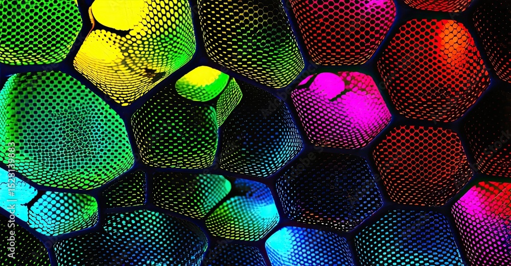 Poster Colorful honeycomb structure. Bright hues blend, creating vibrant pattern. Dark background emphasizes hexagonal cells. Vivid, abstract design.