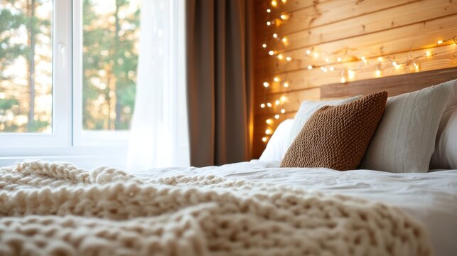 A serene bedroom scene showcasing a beautifully made bed adorned with a knitted blanket, warm tones, and soft lighting creating a comforting atmosphere for relaxation.