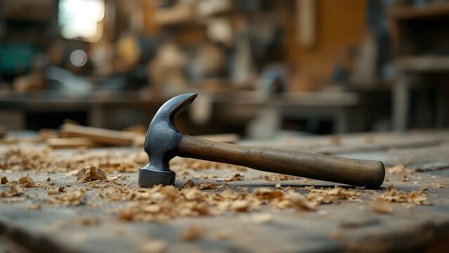 Vintage Hammer on a workshop table in a woodshop, sawdust on the table,advertising picture, 16:9