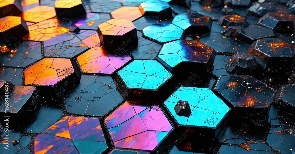 Poster hexagonal patterns dominate image. vibrant colors, shadows create abstract, futuristic surface. meta