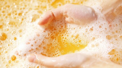 Fototapeta premium Close-up of turmeric soap lather in hands under water, foamy texture, warm yellow glow, clean skin feeling