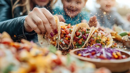 A delicious array of tacos filled with vibrant ingredients, being enjoyed at an outdoor party, perfect for social gatherings and celebrating culinary diversity.