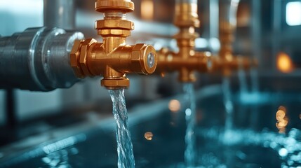 Golden pipes elegantly release a stream of water in a contemporary environment, highlighting the importance of plumbing and emphasizing innovation in design and utility.