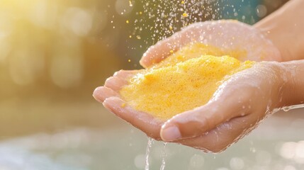 Fototapeta premium Close-up of turmeric soap lather in hands under water, foamy texture, warm yellow glow, clean skin feeling
