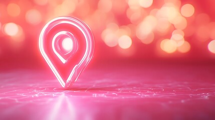 Neon 3D vector location pin icon on a glowing pink background