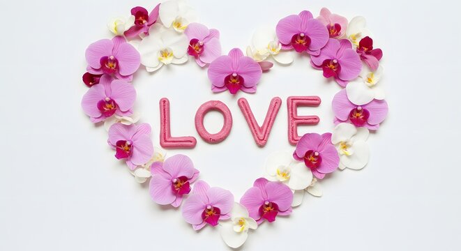 優しいピンク蘭の花で描く愛のハート 柔らかな光 (Yasashii pinki ran no hana de kaku ai no haato yawarakana hikari) This translates roughly to: "A heart of love drawn with gentle pink orchid flowers, soft light."