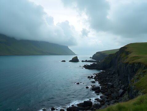 Serene Coastal Landscape with Rocky Shoreline and Lush Green Cliffs under a Dramatic Cloudy Sky