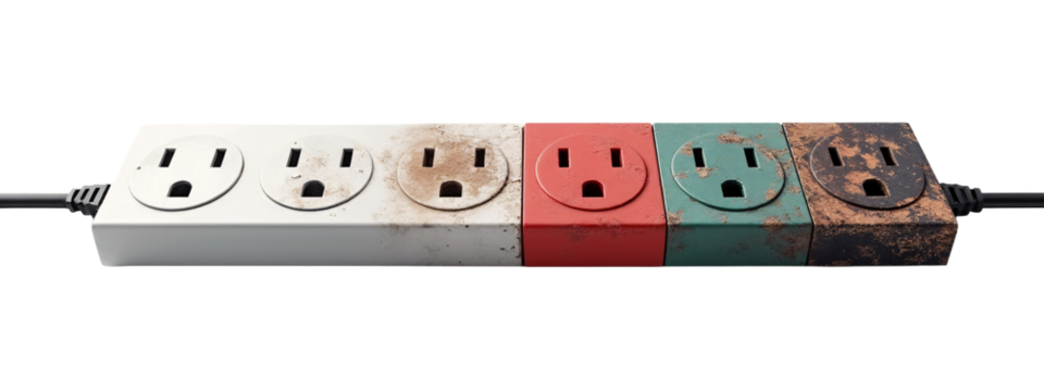 A white power strip with four different colored sockets on it.