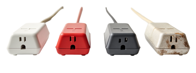Three different colored electrical outlets are shown side by side.
